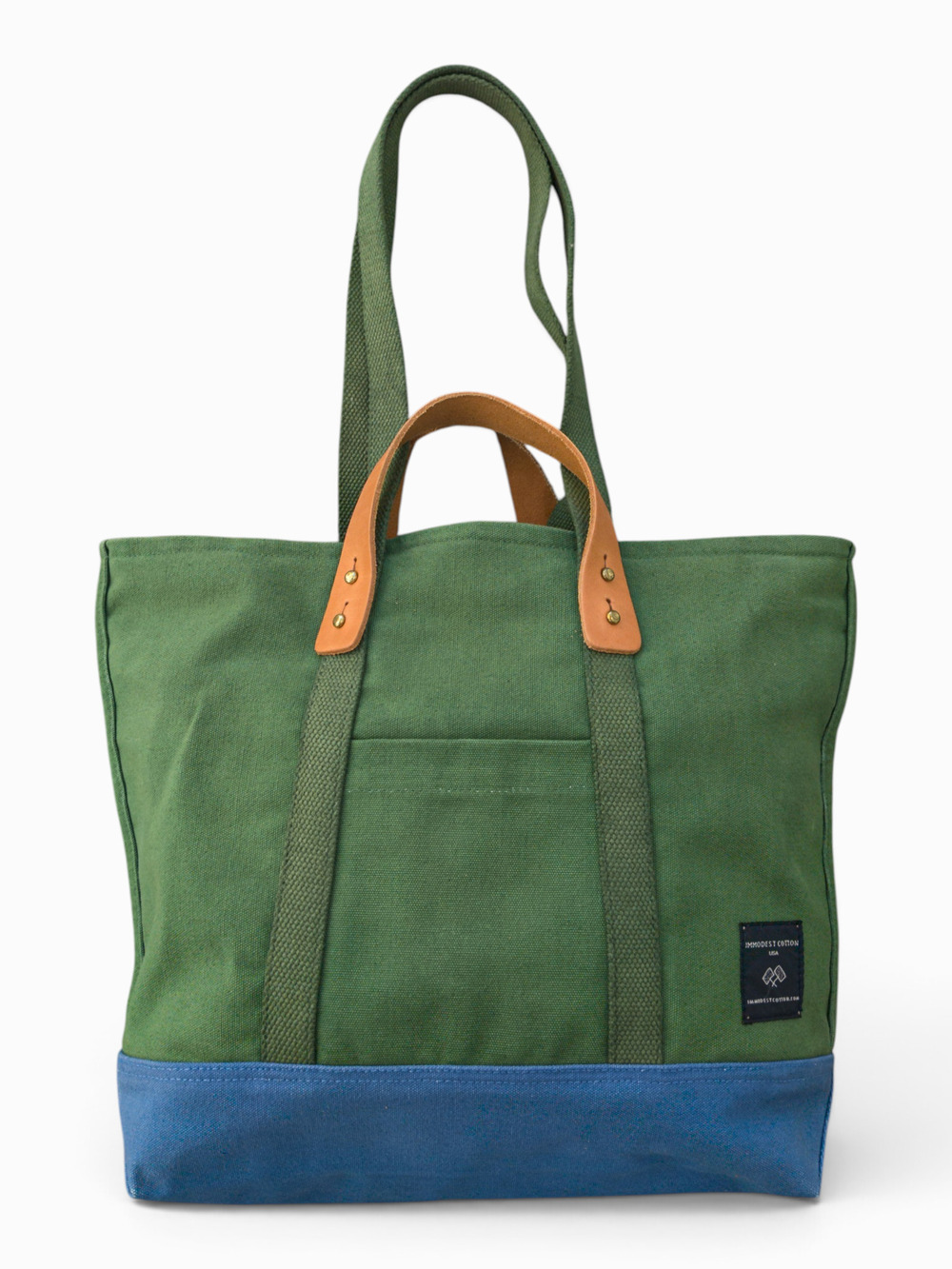 Immodest Cotton Pine+Ocean Canvas Tote, Leather Handles, Brass Zipper